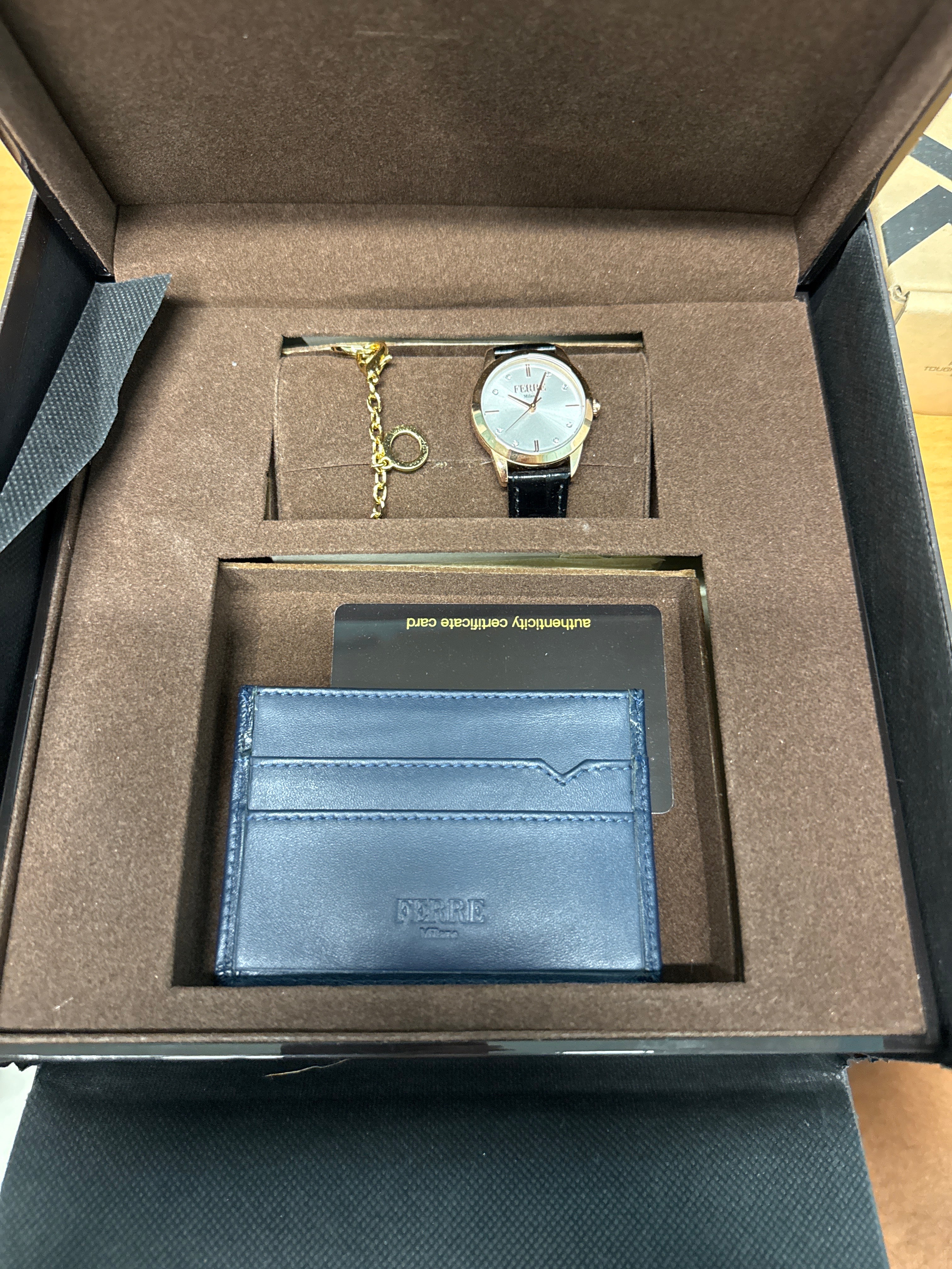 Ferre Milano watch/bracelet/wallet set gold with black band