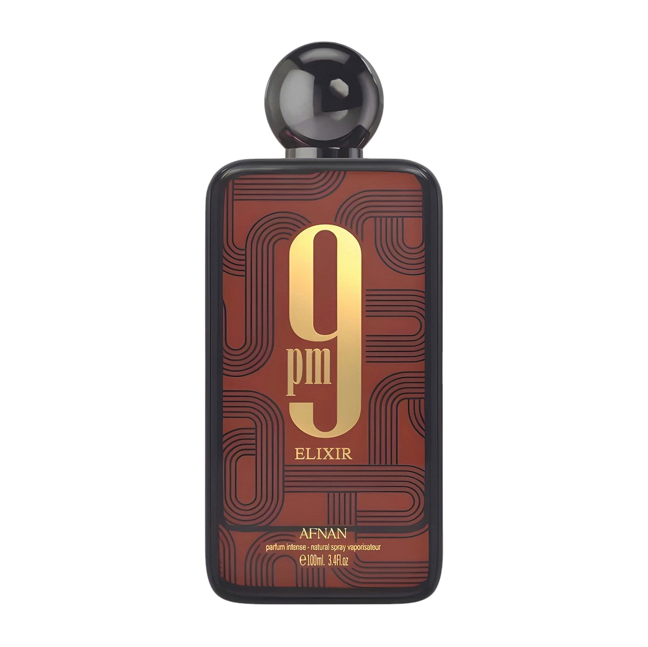 LUXURY SOUQ Afnan 9 PM Elixir 100ml oriental spicy fragrance bottle with brown geometric pattern and gold lettering