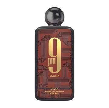 LUXURY SOUQ Afnan 9 PM Elixir 100ml oriental spicy fragrance bottle with brown geometric pattern and gold lettering